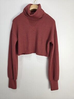 Polly Cropped Ribbed Turtleneck Top in Rust